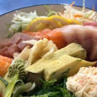 Chirashi Bowl · Fresh sliced sashimi combo with salmon, tuna, yellowtail, albacore, whitefish, tamago, ebi, ...