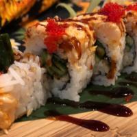 69 Roll · Tempura shrimp, cucumber, topped with spicy krab and scallop mix, unagi sauce, black tobiko.