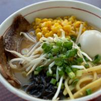 Tonkotsu Spicy Miso Ramen · Rich pork broth blended with miso paste. Pork, egg, kikurage, menma, bean sprouts, corn, sca...