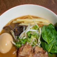 Tonkotsu Shoyu Ramen · Rich pork broth. Pork, egg, kikurage, menma, bean sprouts, spinach, scallions. Straight nood...