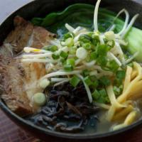 Shoyu Ramen · Light chicken broth seasoned with soy sauce. Pork, kikurage, menma, bean sprouts, bok choy, ...