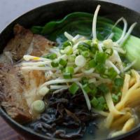 Shio Ramen · Light chicken broth seasoned with sea salt. Pork, kikurage, menma, bean sprouts, bok choy, s...