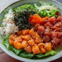 Tuna & Salmon · Crab salad, masago, seaweed salad, pickled ginger, cucumber, edamame, mixed greens, sesame s...