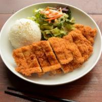 Chicken Katsu · Served with steamed rice and salad.