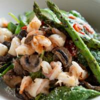 Warm Seafood & Spinach · Prawns, scallops, wild mushrooms, grilled asparagus, red peppers, green goddess dressing, qu...