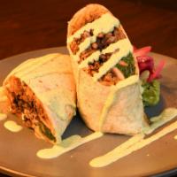 Agave Burrito · bell peppers, caramelized onions, black beans, rice, tres quesos, salsa verde, fresh guacamo...