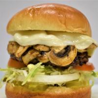 Mushroom  Burger    · 1/3LB ANGUS CHUCK GROUND BEEF PATTIES - SERVED ON GRILLED BRIOCHE BUN, GRILLED MUSHROOM,PROV...