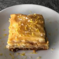 Walnut Baklava · 3 pieces.  Allergens in this dish: dairy, gluten, nuts.  This dish cannot be modified.