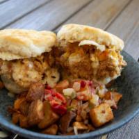 Fried Chicken & Biscuits · Two buttermilk biscuits, fried chicken, whole grain honey mustard sauce, with house made cho...