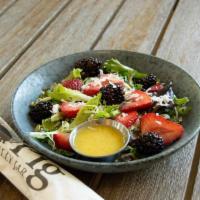 Summer Berry Salad · Mixed greens, strawberries, blackberries, toasted coconut, toasted pepitas, and citrus vinai...