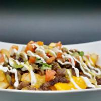 Asada Fries · Served with your choice of Meat (Asada, Carnitas, Chicken, or Pastor),  Pico de Gallo, Frenc...