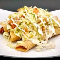 Flautas · 3 Chicken Flautas served with Tomatoes, Onions, Lettuce, Salsa, Cream and Cheese. Beans and ...