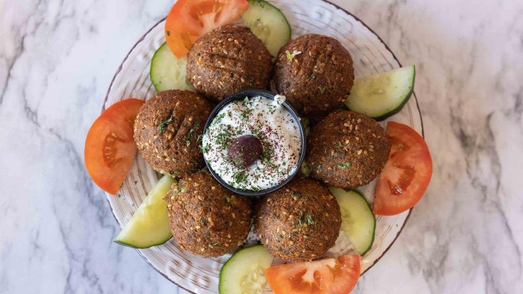 Falafel Plate · Served on a bed of rice with salad, tzatziki and garlic sauce.