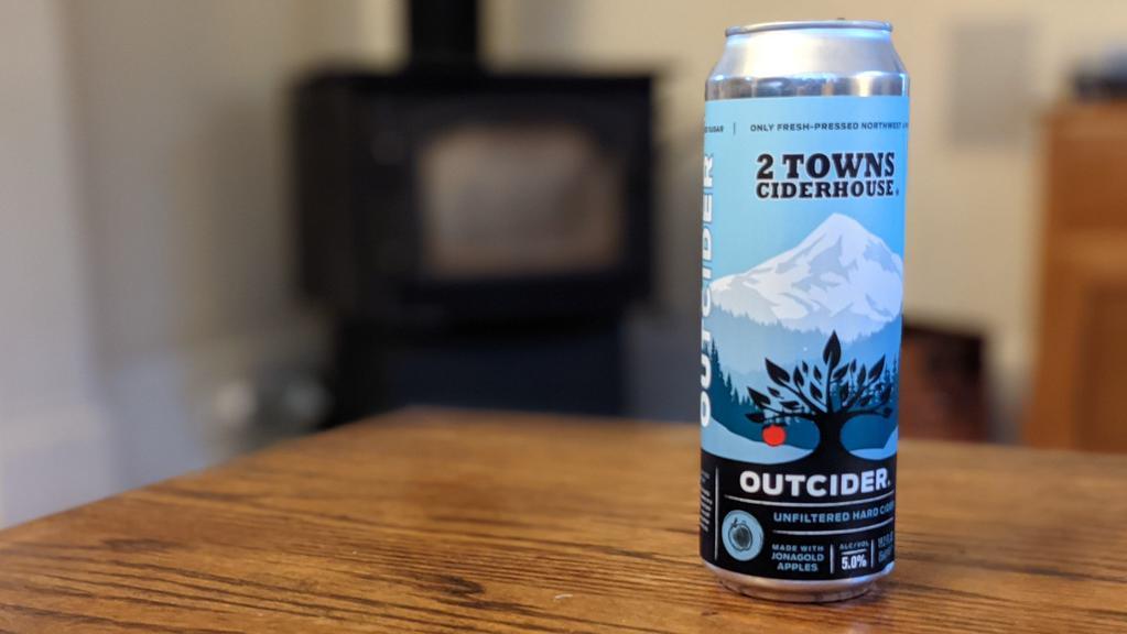 Two Towns Outcider · 19.2oz unfiltered delicious hard apple cider.