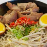 Chicken Ramen · Shoyu broth, normal wavy noodles, teriyaki chicken, bean sprouts, flavored egg, pickled ging...
