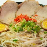 Chashu Ramen · Miso broth, normal wavy noodles, chashu pork, flavored egg, bean, sprouts, pickled ginger, s...