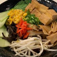 Vegetarian · Shoyu broth, normal wavy noodles, tofu, bean sprouts, bok choy, green onion, corn, ginger, b...
