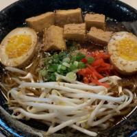 Tofu Ramen · Shoyu broth, normal wavy noodles, tofu, bean sprouts, flavored egg, pickled ginger, sesame s...
