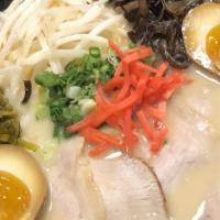 Hakata · Tonkotsu white broth, thin straight noodles, bbq or chashu pork, flavored egg, bean sprouts,...