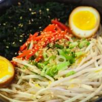 Wakame Ramen · Shoyu broth, normal wavy noodles, wakame seaweeds, bean sprouts, flavored egg, pickled ginge...