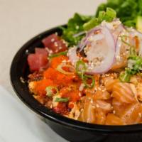 Mega Poke · Hawaiian style ahi tuna, spicy tuna mix, salmon, crab salad, avocado, daikon mix and seaweed...