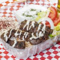 Kafta Kebab Combo · Ground beef with chopped onion, parsley, and season cooked on the top griddle, on a bed of b...