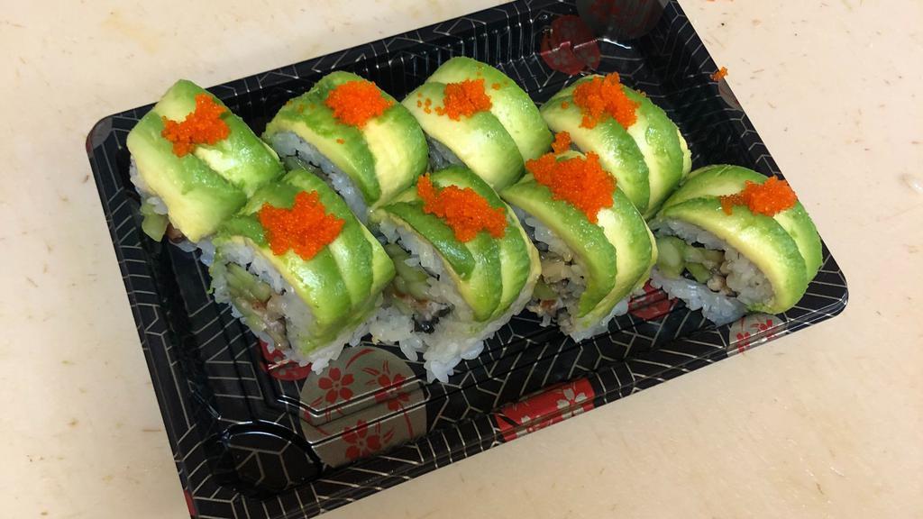 Dragon  Roll (8Pcs) · avocado on the outside eel and cucumber ,flying fish roe on top
