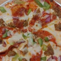 Supreme · Spicy sausage, pepperoni, mushrooms, hatch green chili, pizza sauce, green and black olives,...