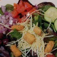 Side Salad · Mixed greens, tomato, cucumber, red onion, Kalamata olives, Parmesan cheese with house made ...
