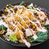 Full Zozobra Spicy Salad · Hot grilled chicken, corn, black beans served on mixed greens with onion, salsa, tortilla ch...