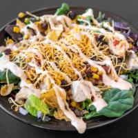 Half Zozobra Spicy Salad · Hot grilled chicken, corn, black beans served on mixed greens with onion, salsa, tortilla ch...