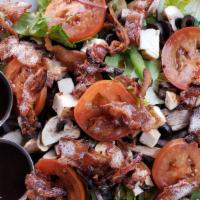 Spencer Salad · Spring mix, romaine, balsamic tomatoes, green peppers, red onions, mushrooms, black olives, ...