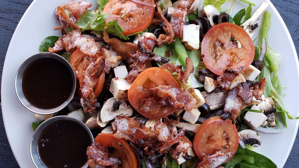 Spencer Salad · Spring mix, romaine, balsamic tomatoes, green peppers, red onions, mushrooms, black olives, grilled chicken, bacon, balsamic dressing