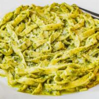 Pesto. · Scratch made fettuccini noodles with house made pesto sauce. Add grilled chicken for $3