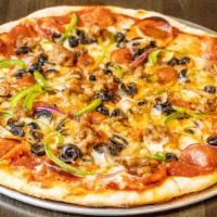 The Supreme Pizza · Pepperoni, sausage, red onions, green peppers, mushrooms, & black olives.