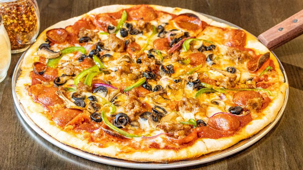The Supreme Pizza · Pepperoni, sausage, red onions, green peppers, mushrooms, & black olives.