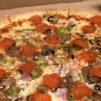 Supreme · Pepperoni, sausage, bell peppers, onions, mushrooms.