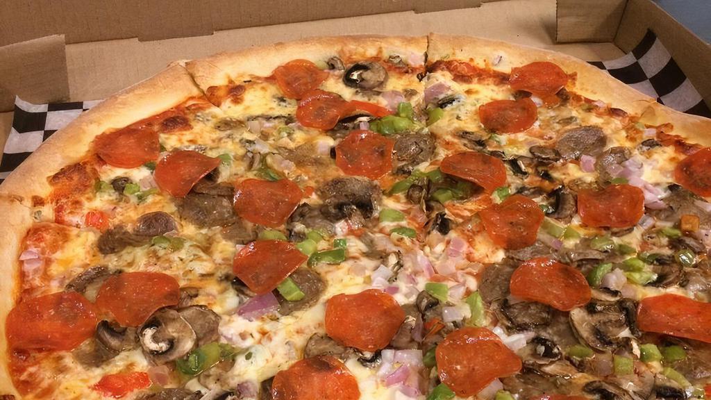 Supreme · Pepperoni, sausage, bell peppers, onions, mushrooms.