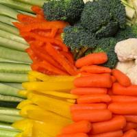 Fresh Vegetable Tray · Seasonal veggies including baby carrots, cucumber, broccoli and cauliflower florets, sugar p...