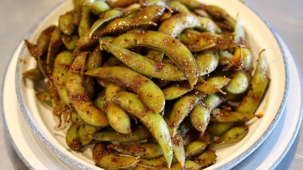 Spiced Edamame 五香毛豆 · Lightly spiced edamame chilled served in 16oz box