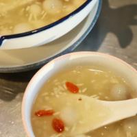 Fermented Rice Sesame Ball Soup 枸杞酒酿圆子汤 · Fermented rice soup with sticky sesame rice ball, a tint of Osmanthus flower, and Goji berri...