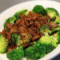 Broccoli Beef 西兰花炒牛肉 · Beef tenderloin slices stir-fried with soy sauce and come with steamed broccoli.