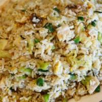 Salted Fish And Chicken Fried Rice 咸鱼鸡粒炒饭 · Fried rice with chicken dices, minced salted fish, and lettuce