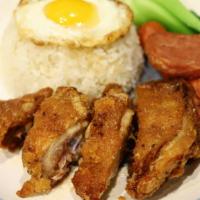 Fried Chicken Thigh Bento 炸鸡腿扒饭 · Deep-fried marinated whole chicken thigh with spices