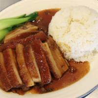 Braised Pork Belly With Preserved Dry 梅菜扣肉饭 · Slow-cooked pork belly slices with preserved veggie.