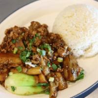 Yu-Xiang Eggplant 鱼香茄子饭 · Sauteed eggplant stir-fried with ground pork and dry fish, light spicy.