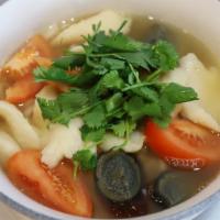 Tomato Fish Soup Noodle 番茄鱼片粉面 · Sauteed fish fillet with tomato slices, preserved egg and cilantro.