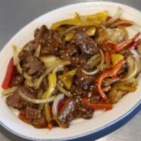 Soybean Beef Pasted Chow-Fun 豆豉双椒炒牛河 · Chow-fun pasted with soybean sauce stir-fried beef tenderloin slices and bell pepper.