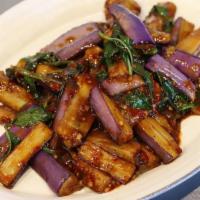 Basil Eggplant 塔香茄子 · Eggplant slices stir-fried with basil leafs