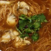 Oyster Rice Noodle Soup 蚵仔面线 · Rice noodle soup with traditional Taiwan sauce and shucked oysters. Tastes XO sauce, light s...
